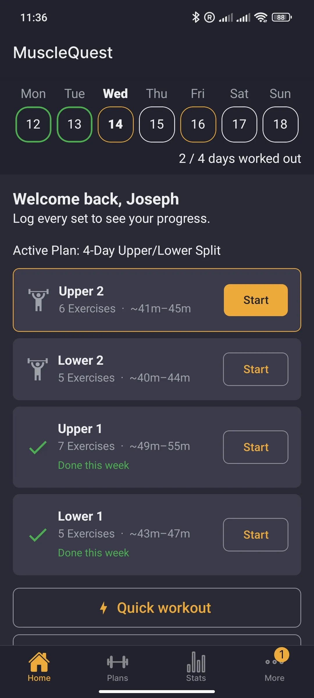 MuscleQuest home screen with this week's goal strip, two of four days done, and the active plan's workouts
