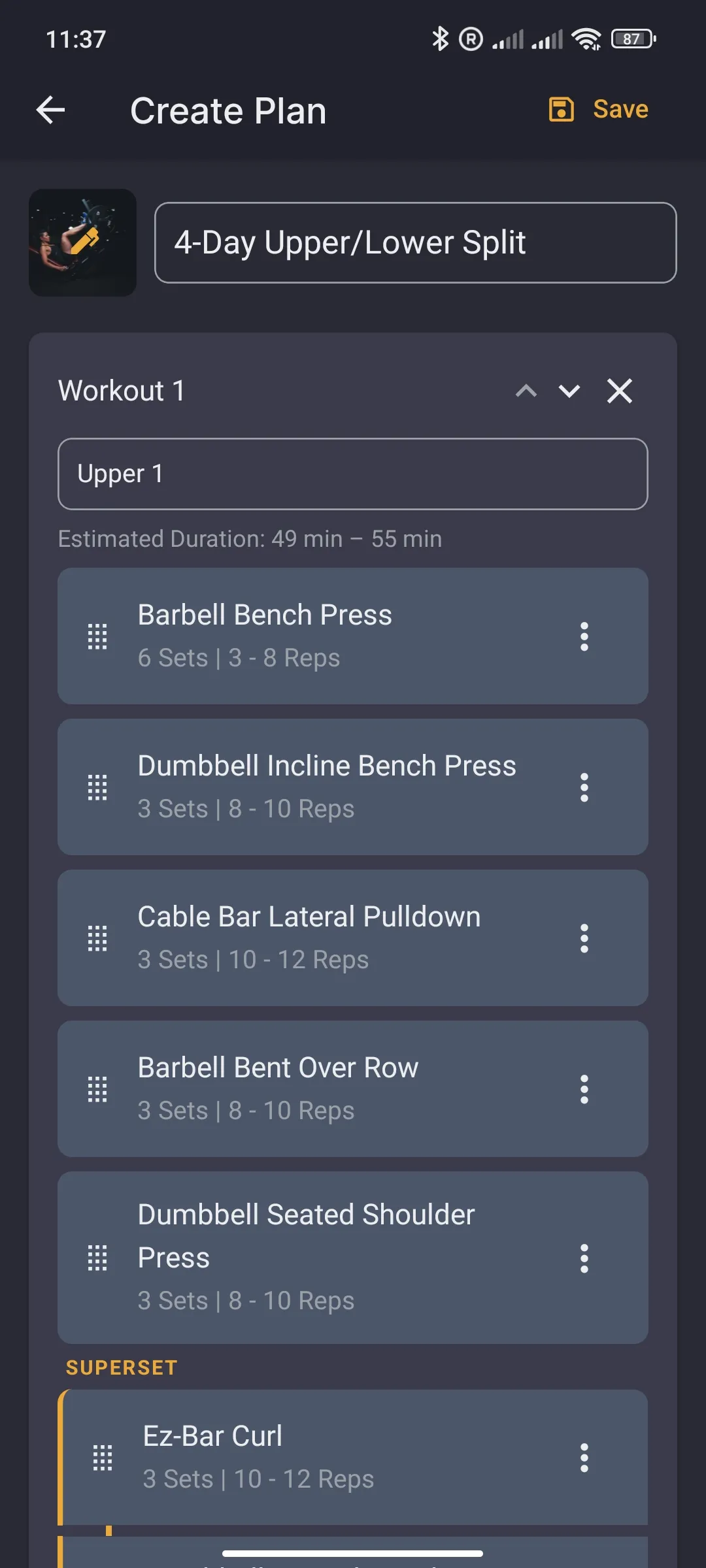 Plan editor for a 4-day upper/lower split, with sets and reps for each exercise and a superset