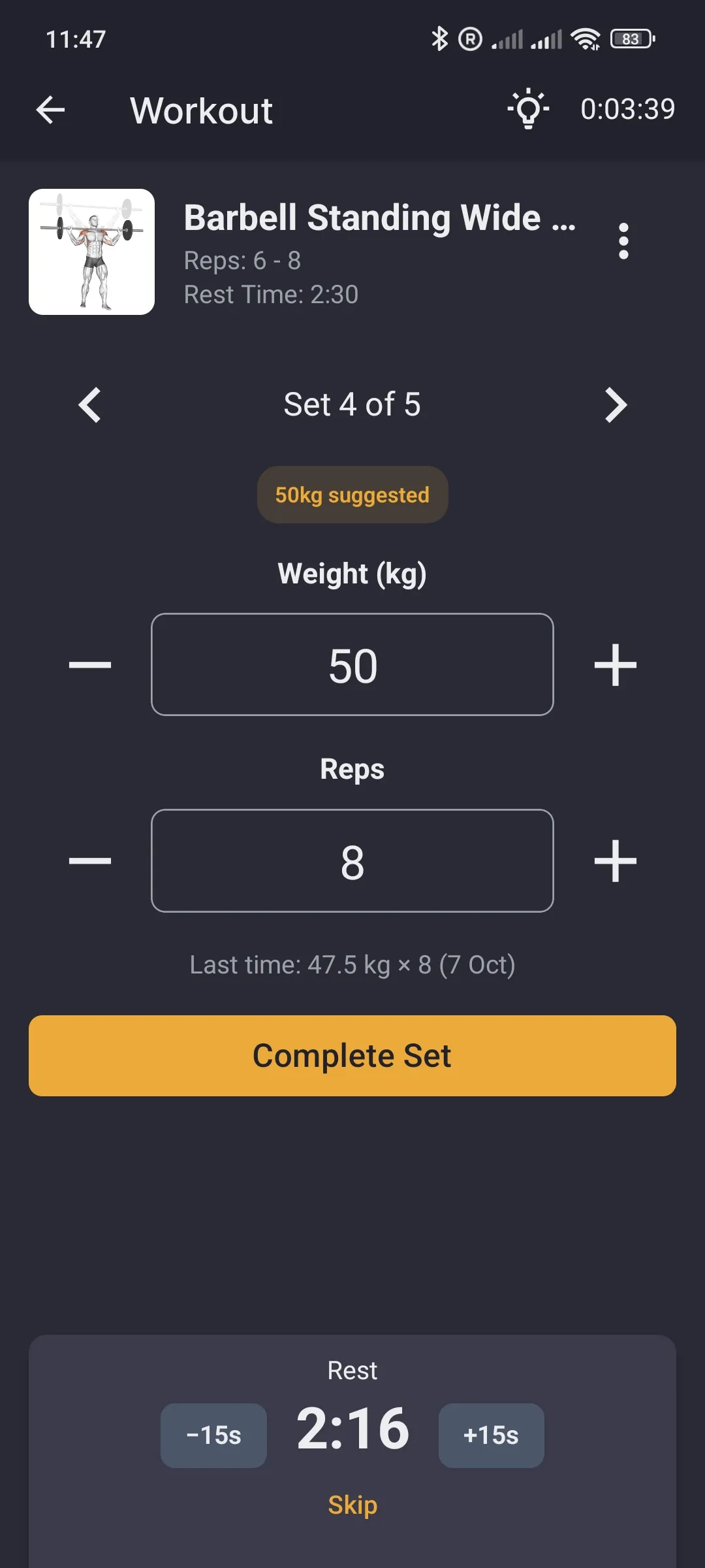 Active workout on set 4 of 5, pre-filled with a suggested 50 kg for 8 reps and the rest timer counting down