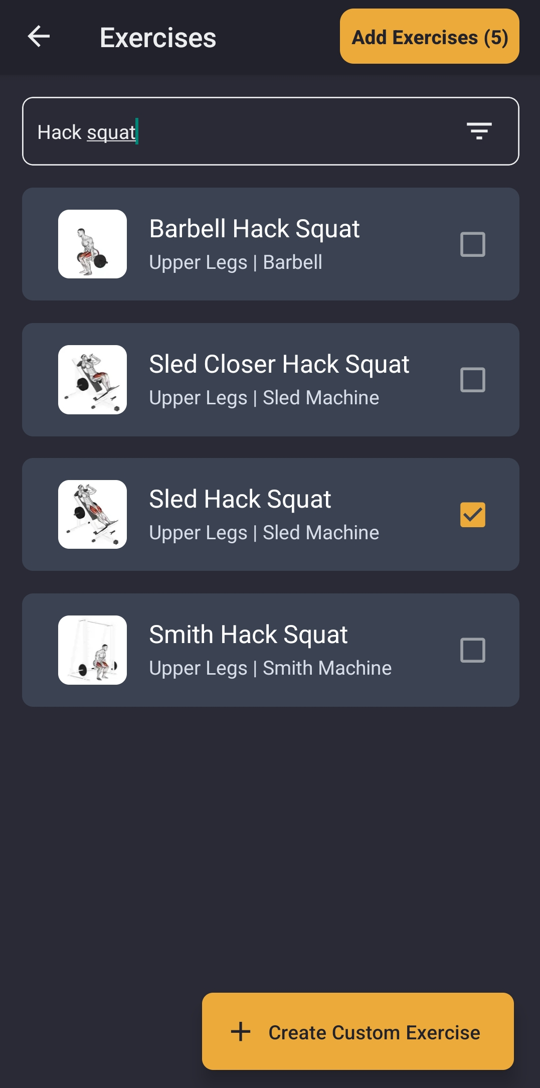 Exercise Selection Screen